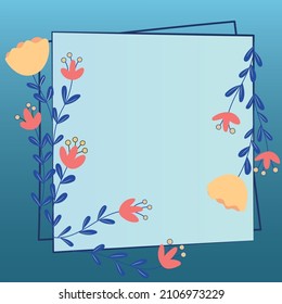 Blank Frame Decorated With Abstract Modernized Forms Flowers And Foliage. Empty Modern Border Surrounded By Multicolored Line Symbols Organized Pleasantly.