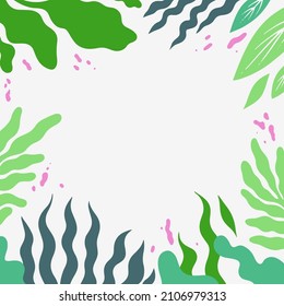 Blank Frame Decorated With Abstract Modernized Forms Flowers And Foliage. Empty Modern Border Surrounded By Multicolored Line Symbols Organized Pleasantly.