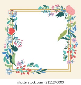 Blank Frame Decorated With Abstract Modernized Forms Flowers And Foliage. Empty Modern Border Surrounded By Multicolored Line Symbols Organized Pleasantly.
