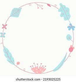 Blank Frame Decorated With Abstract Modernized Forms Flowers And Foliage. Empty Modern Border Surrounded By Multicolored Line Symbols Organized Pleasantly.