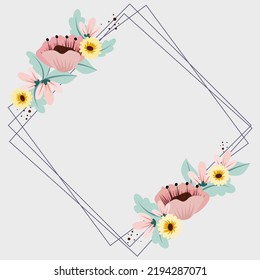 Blank Frame Decorated With Abstract Modernized Forms Flowers And Foliage. Empty Modern Border Surrounded By Multicolored Line Symbols Organized Pleasantly.