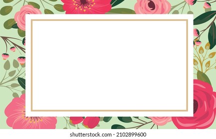 Blank Frame Decorated With Colorful Flowers And Foliage Arranged Harmoniously. Empty Poster Border Surrounded By Multicolored Bouquet Organized Pleasantly.