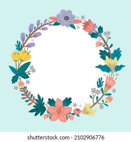 Blank Frame Decorated With Colorful Flowers And Foliage Arranged Harmoniously. Empty Poster Border Surrounded By Multicolored Bouquet Organized Pleasantly.