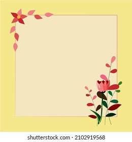Blank Frame Decorated With Colorful Flowers And Foliage Arranged Harmoniously. Empty Poster Border Surrounded By Multicolored Bouquet Organized Pleasantly.