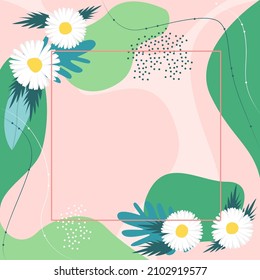 Blank Frame Decorated With Colorful Flowers And Foliage Arranged Harmoniously. Empty Poster Border Surrounded By Multicolored Bouquet Organized Pleasantly.
