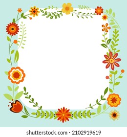 Blank Frame Decorated With Colorful Flowers And Foliage Arranged Harmoniously. Empty Poster Border Surrounded By Multicolored Bouquet Organized Pleasantly.