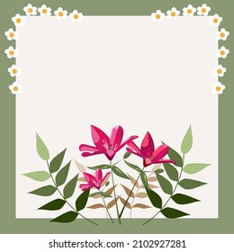 Blank Frame Decorated With Colorful Flowers And Foliage Arranged Harmoniously. Empty Poster Border Surrounded By Multicolored Bouquet Organized Pleasantly.