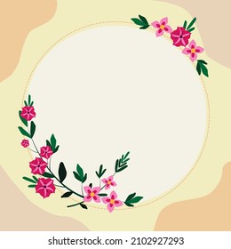 Blank Frame Decorated With Colorful Flowers And Foliage Arranged Harmoniously. Empty Poster Border Surrounded By Multicolored Bouquet Organized Pleasantly.