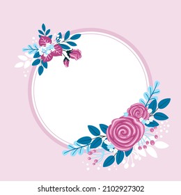 Blank Frame Decorated With Colorful Flowers And Foliage Arranged Harmoniously. Empty Poster Border Surrounded By Multicolored Bouquet Organized Pleasantly.