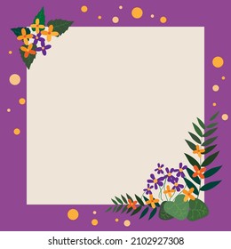 Blank Frame Decorated With Colorful Flowers And Foliage Arranged Harmoniously. Empty Poster Border Surrounded By Multicolored Bouquet Organized Pleasantly.