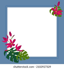 Blank Frame Decorated With Colorful Flowers And Foliage Arranged Harmoniously. Empty Poster Border Surrounded By Multicolored Bouquet Organized Pleasantly.