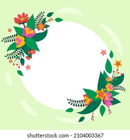 Blank Frame Decorated With Colorful Flowers And Foliage Arranged Harmoniously. Empty Poster Border Surrounded By Multicolored Bouquet Organized Pleasantly.
