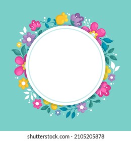 Blank Frame Decorated With Colorful Flowers And Foliage Arranged Harmoniously. Empty Poster Border Surrounded By Multicolored Bouquet Organized Pleasantly.