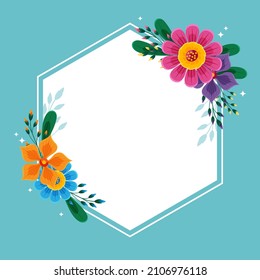 Blank Frame Decorated With Colorful Flowers And Foliage Arranged Harmoniously. Empty Poster Border Surrounded By Multicolored Bouquet Organized Pleasantly.