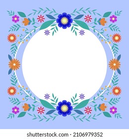 Blank Frame Decorated With Colorful Flowers And Foliage Arranged Harmoniously. Empty Poster Border Surrounded By Multicolored Bouquet Organized Pleasantly.