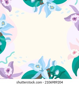 Blank Frame Decorated With Colorful Flowers And Foliage Arranged Harmoniously. Empty Poster Border Surrounded By Multicolored Bouquet Organized Pleasantly.