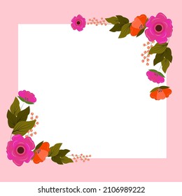 Blank Frame Decorated With Colorful Flowers And Foliage Arranged Harmoniously. Empty Poster Border Surrounded By Multicolored Bouquet Organized Pleasantly.