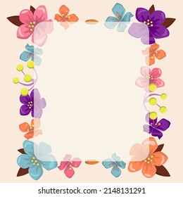 Blank frame decorated with colorful flowers and foliage arranged harmoniously. Empty poster border surrounded by multicolored bouquet organized pleasantly.