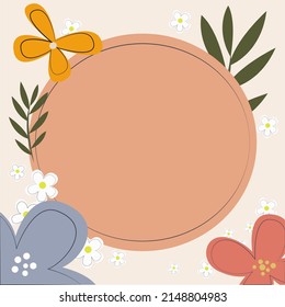 Blank frame decorated with colorful flowers and foliage arranged harmoniously. Empty poster border surrounded by multicolored bouquet organized pleasantly.