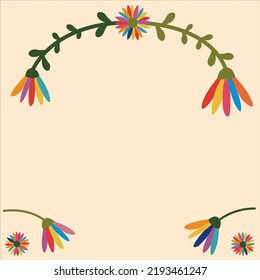 Blank Frame Decorated With Colorful Flowers And Foliage Arranged Harmoniously. Empty Poster Border Surrounded By Multicolored Bouquet Organized Pleasantly.