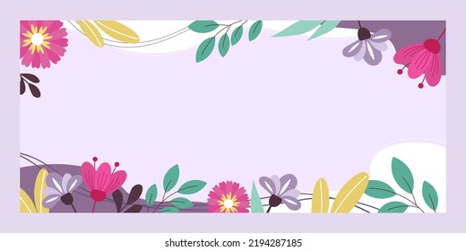 Blank Frame Decorated With Colorful Flowers And Foliage Arranged Harmoniously. Empty Poster Border Surrounded By Multicolored Bouquet Organized Pleasantly.