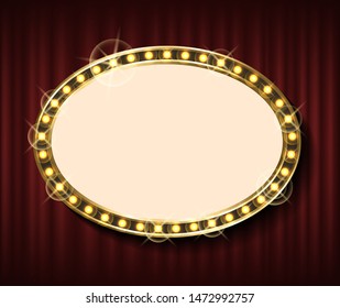 Blank frame with glowing bulbs vector, banner for writing text vector. Form with glittering, luxurious table rounded shape of framing for inscription. Red curtain theater background