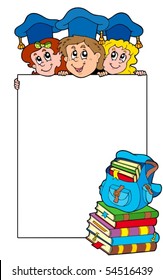Blank frame with graduating kids - vector illustration.