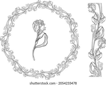 Marco en blanco hecho de tulipanes estilizados de color rosa. Floral para el diseño romántico, invitaciones a la boda, publicidad