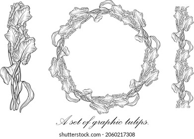 Blank frame made of stylized pink tulips. Floral wreath for romantic design, wedding invitations, advertisement