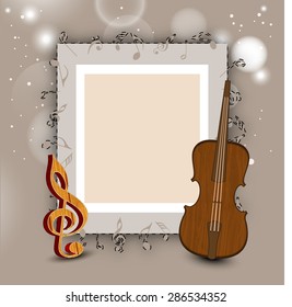 Blank frame with musical notes and guitar on stylish background.