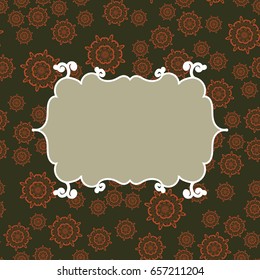 Blank frame on green seamless pattern background. Vector illustration endless design. Abstract geometric frame. Stylish decorative label. Geometric ornament. Feminine oriental style