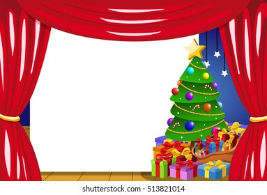 Blank frame on stage with decorated Christmas tree