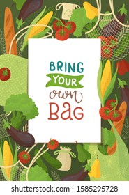 Blank frame on vegetable background flat vector illustration. Square border backdrop. Fresh veggies and bakery, vegan nutrition, healthy products. Organic food and recyclable handbags