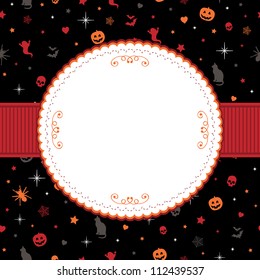 blank frame with ribbon on halloween pattern background