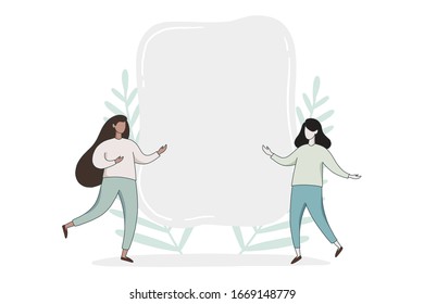 Blank frame sign, text background template design with two womens flat illustration. 