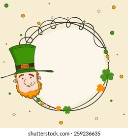 Blank frame with smiling leprechaun and shamrock leaves for Happy St. Patrick's Day celebration.