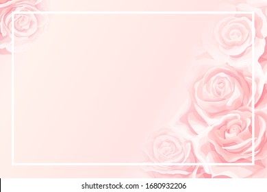 Blank frame with soft pink background of pretty cream rose flower buds. Closeup pink rose flowers, vector floral background, gently pink gradient background
