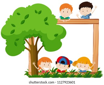 Blank frame surroeded by children and tree illustration