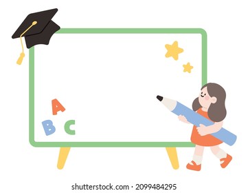 blank frame template with little girl holding pencil for education