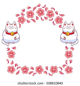 Blank frame with two white cats with a raised paws and sakura flowers, maneki neko, symbol of good luck, wealth and well-being, vector object isolated on white background