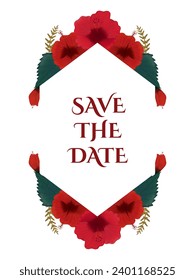 Blank frame wedding invitation, red hibiscus flowers and foliage