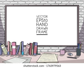 Marco en blanco con tabla de trabajo en estilo de arte de línea