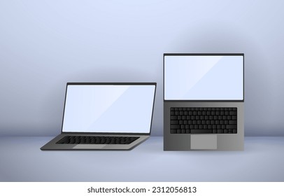 Blank frameless laptop screen. Realistic laptop in different positions and angles. Generic device model. Laptop frame with isolated blank view. Set of realistic isolated simple 3D for mobile devices.