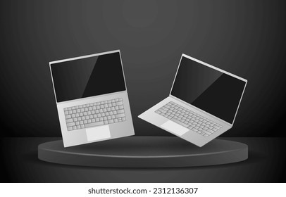 Blank frameless laptop screen. Realistic laptop in different positions and angles. Generic device model. Laptop frame with isolated blank view. Set of realistic isolated simple 3D for mobile devices.