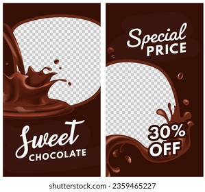 Blank frames for advertisement, sweet chocolate special price discount on products. Thirty percent off cost on selected products. Transparent background for custom copy space. Vector in flat style