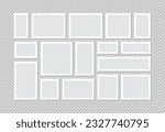 Blank frames for mail letter. Post stamps. Empty stamps set. Postal shapes border. Collection paper postmarks. Postage perforated templates isolated on background. Vector illustration. Flat design.