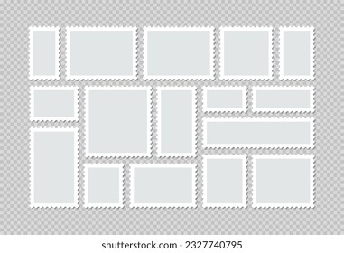 Blank frames for mail letter. Post stamps. Empty stamps set. Postal shapes border. Collection paper postmarks. Postage perforated templates isolated on background. Vector illustration. Flat design.