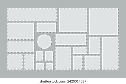 Blank frames for mail letter. Post stamps set. Empty stamps with different shapes. Postal border. Postage perforated templates. Collection paper postmarks isolated on background. Vector illustration.