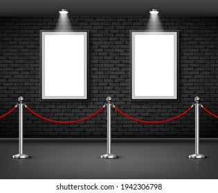 Blank frames on wall with barrier rope. Vector illustration.