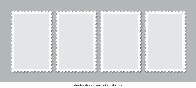 Blank frames of postage stamps. Vector illustration includes a post stamp. Empty postal shapes border set, and a collection of paper postmarks, suitable for mailing letters.